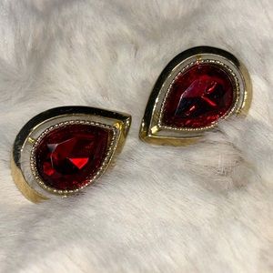 Vintage Gold and Ruby Teardrop Clip On Earrings